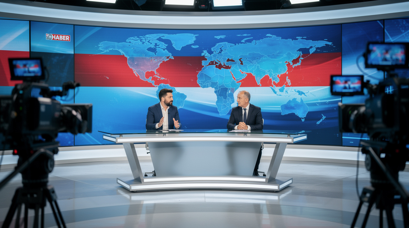 Television presenters in a tense live broadcast studio
